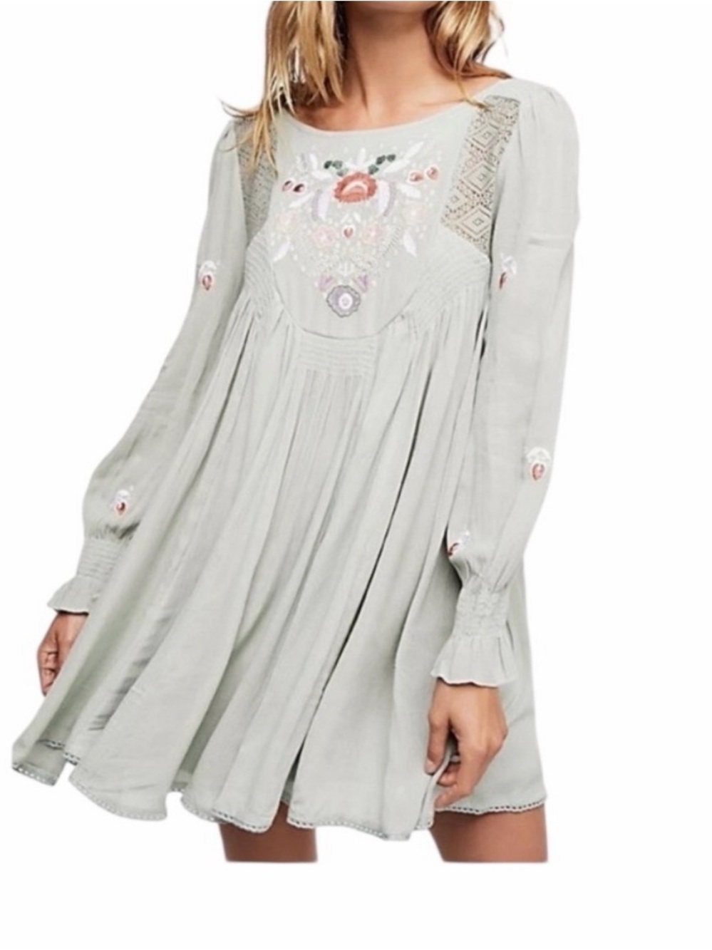 Embroidered Light Sage Long-Sleeve Swing Dress